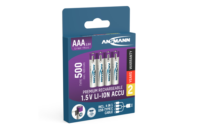 Ansmann aufladbare Batterien Li-Ion Akkus Micro AAA Typ 500... (min.400mAh) 4er-Blister