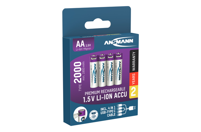 Ansmann aufladbare Batterien Li-Ion Akkus Mignon AA Typ 2000... (min.1800mAh) 4er-Blister