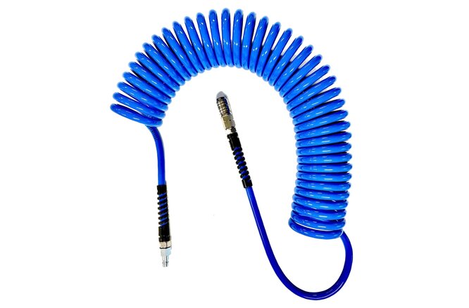 AZE Druckluftspiralschlauch 7.5m 12x8mm mit Anschlüssen blau