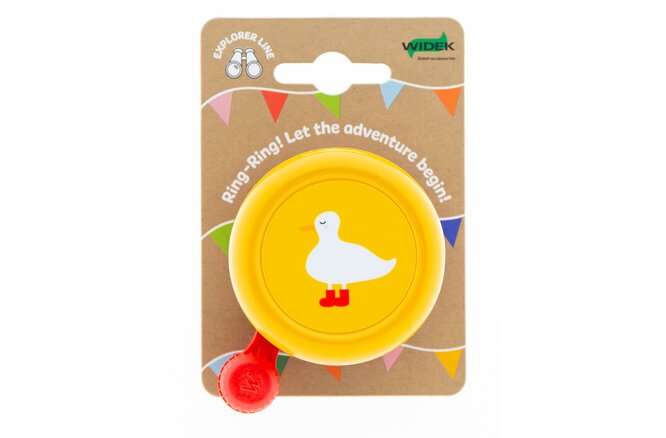 Widek Kinderglocke Explorer Duck Stahl lackiert in gelb auf einer Karte